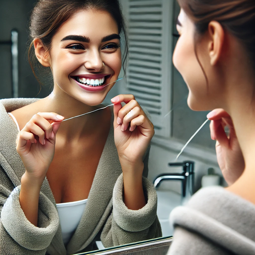 Smiling woman flossing her teeth in front of a bathroom mirror