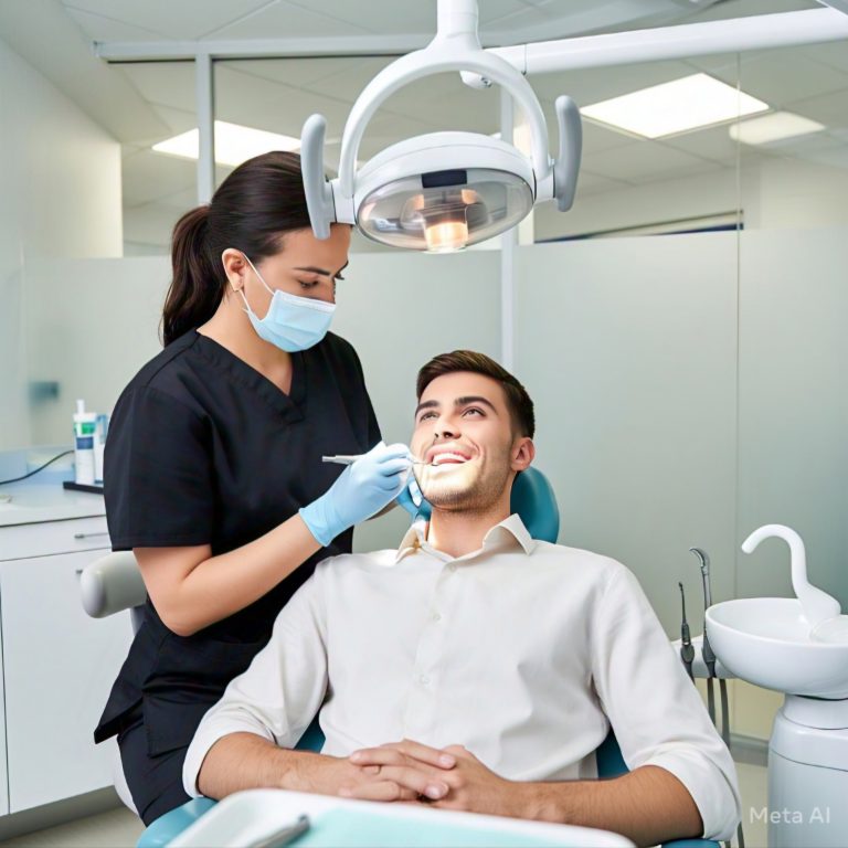 Dental hygienist performing a professional cleaning on a male patient at MI Dental in Kitchener.
