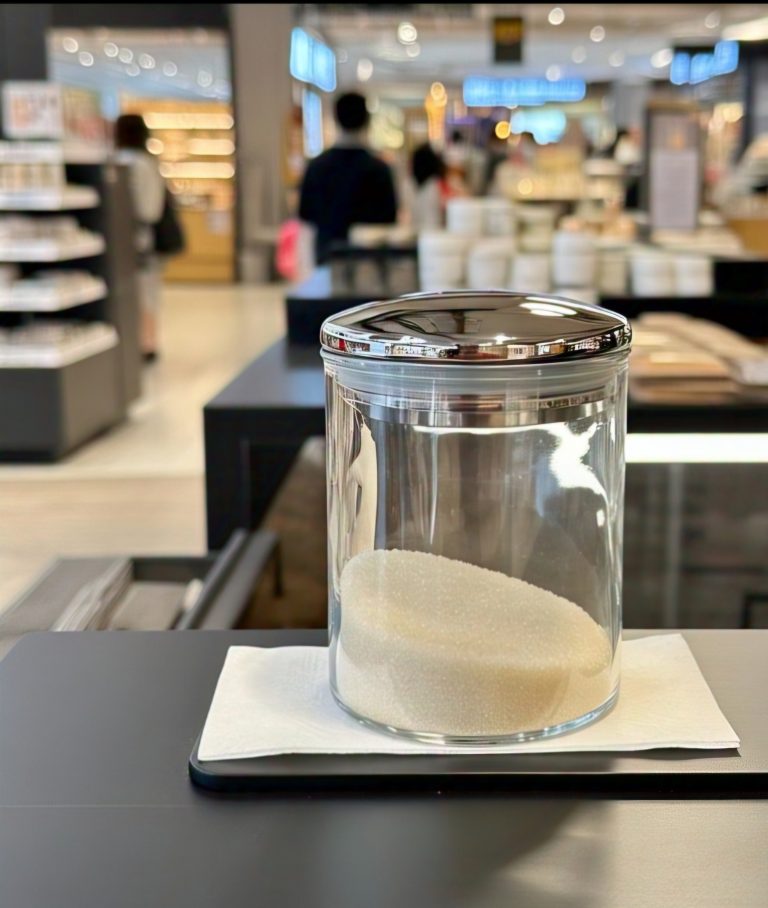 Glass jar filled with granulated white sugar displayed on a table in a modern grocery store.
