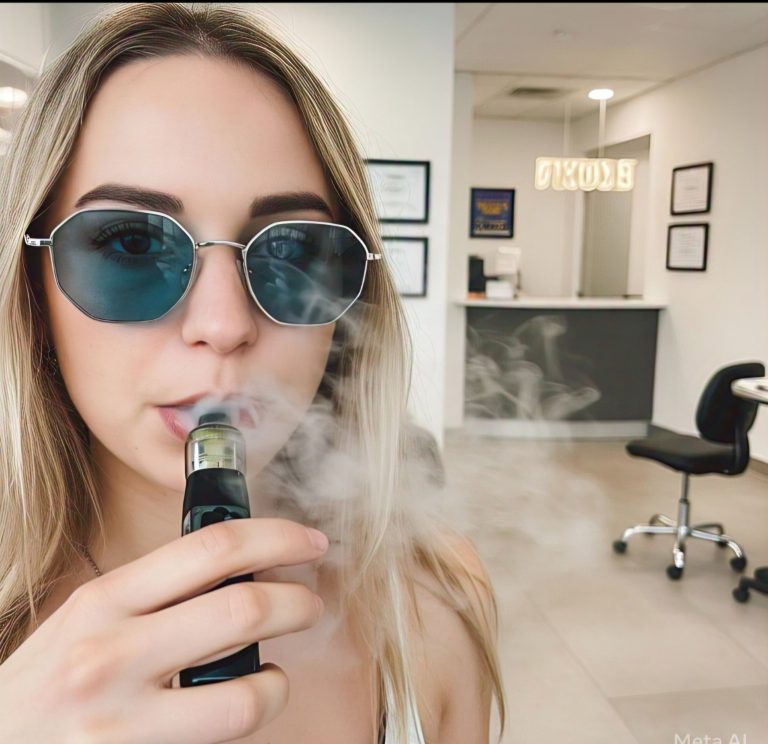 Young woman vaping indoors with visible vapor cloud, highlighting oral health risks associated with vaping.