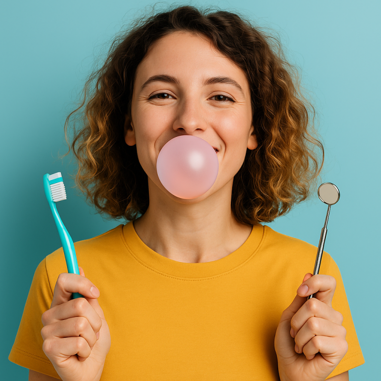 Person smiling and blowing a bubble with chewing gum, symbolizing the connection between gum and oral health.