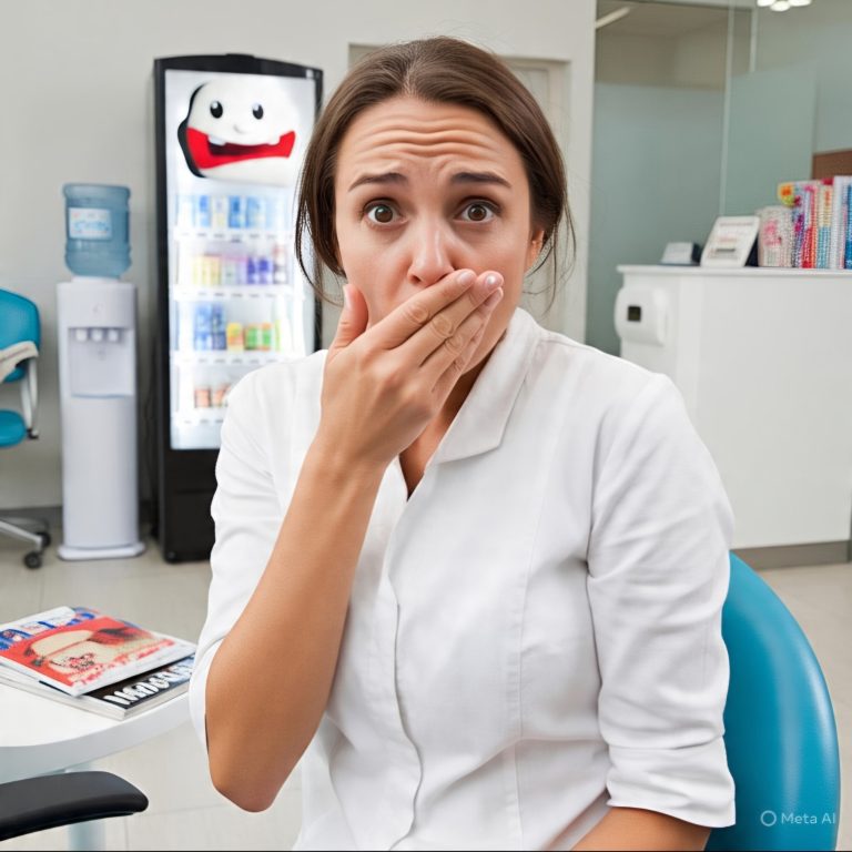 A woman covering her mouth in embarrassment due to bad breath (halitosis), in a dental office setting.