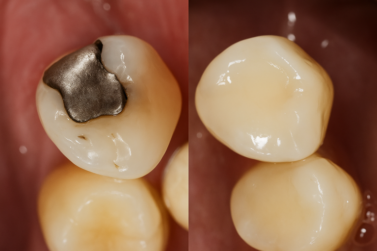 Side-by-side view of molars with silver and composite fillings