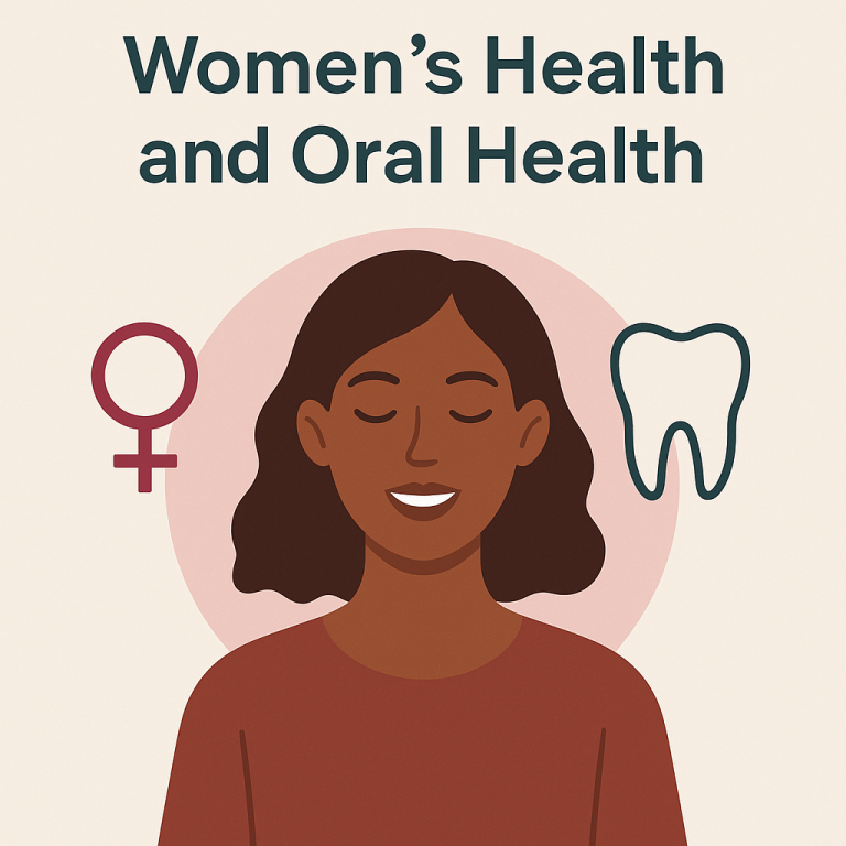 Digital graphic representing women's health and oral health, featuring a woman with medium brown skin and shoulder-length dark brown hair, a Venus symbol, and an outlined tooth icon.