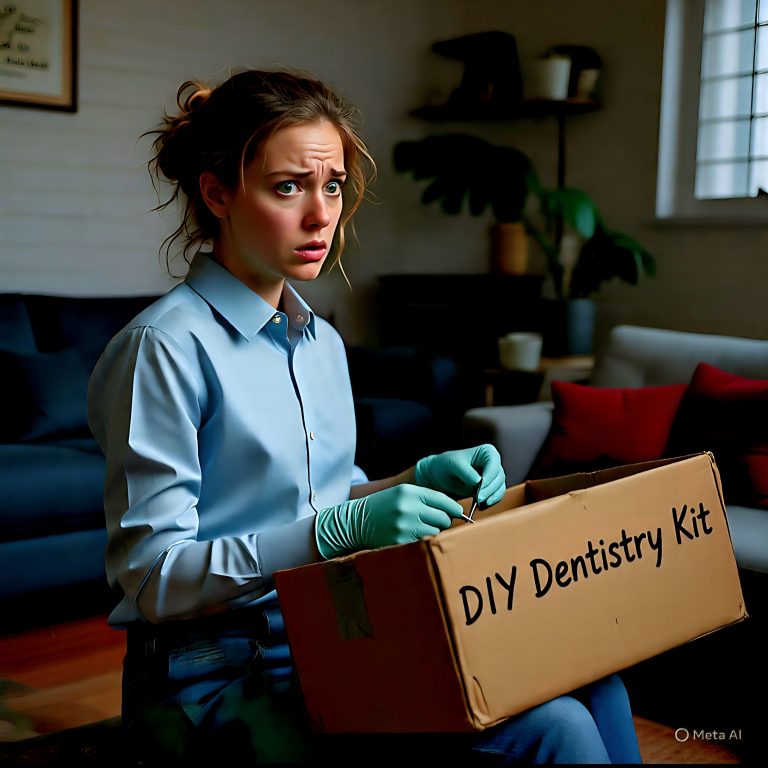 A concerned woman wearing gloves opens a box labeled "DIY Dentistry Kit" in a living room setting.