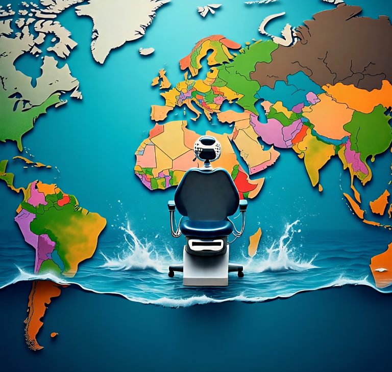 A dental chair facing a colorful world map, symbolizing global disparities in oral health access across countries and continents.