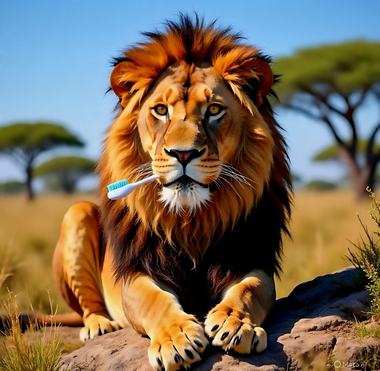 A majestic lion lounging on the savannah with a blue toothbrush in its mouth, symbolizing the concept of dental hygiene in the wild.