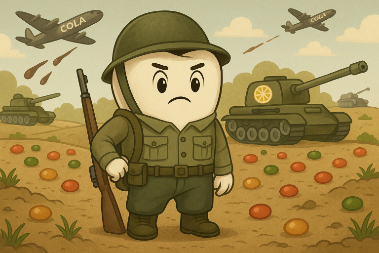 Anthropomorphic tooth soldier named Max, dressed in military uniform, stands on a candy-strewn battlefield with cola bombers and lemon slice tanks in the background.