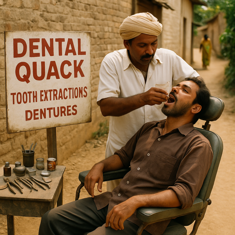 A roadside dental quack treating a patient at a makeshift outdoor stall in rural South Asia, surrounded by basic tools and improvised furniture.