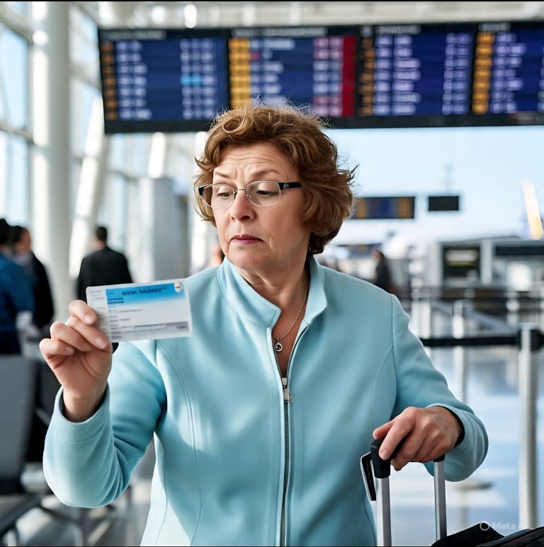 An older woman examining travel documents at an airport gate, representing dental tourism preparation.