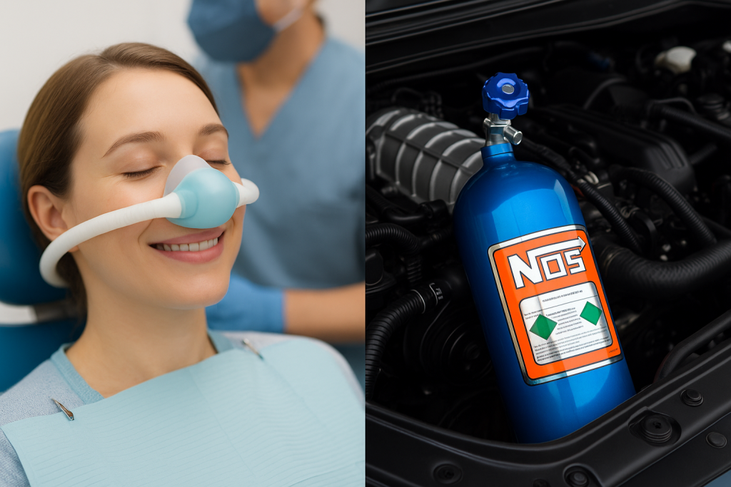 Split image showing a calm dental patient wearing a nitrous oxide nasal mask on the left, and a blue NOS tank in a car engine on the right, highlighting medical and automotive uses of nitrous oxide.